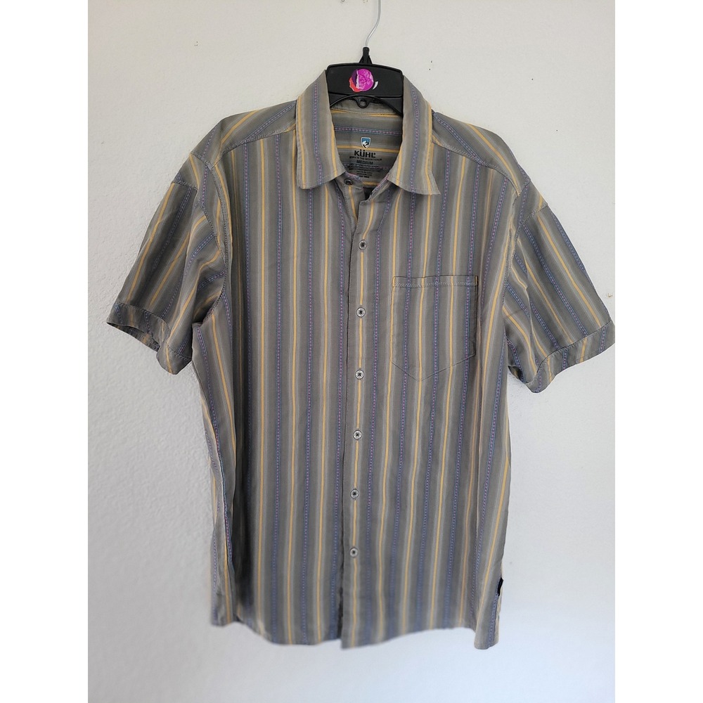 KUHL‎ Mens Medium Short Sleeve Button Down Shirt Gray Yellow Stripe Pocket #7